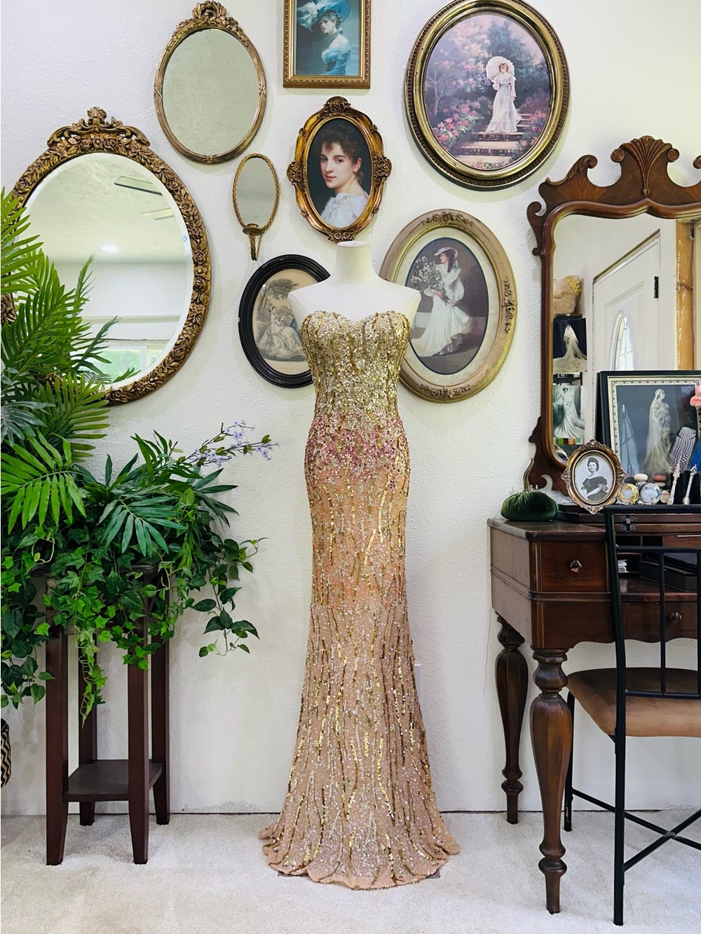 Scala Gold and Pink Sequin Strapless Maxi Gown - Picture 4 of 16